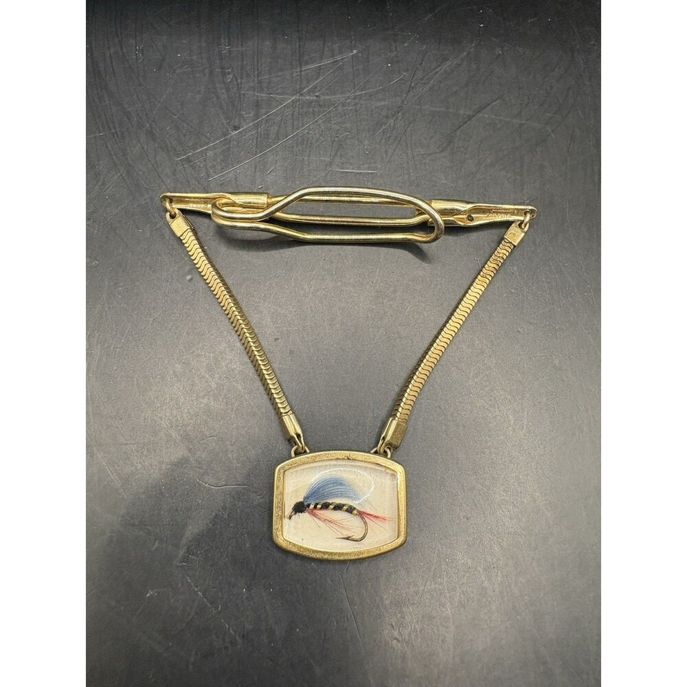 Vintage Anson Fishing Tie Clip Real Fly Fisherman Oval Gold Tone Essex Fishing